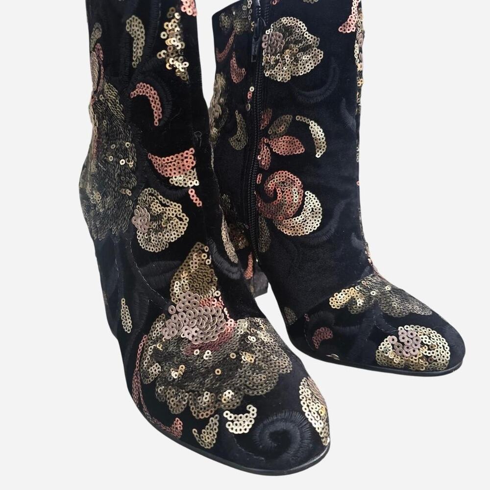 Black sequin embellished boots with a floral design